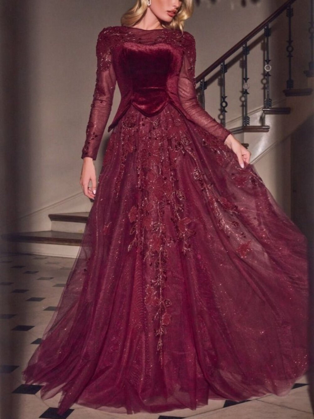 VELVET LONG SLEEVE FORMAL MOTHER OF THE BRIDE GROOM DRESS. NAVY BLUE OR BURGUNDY